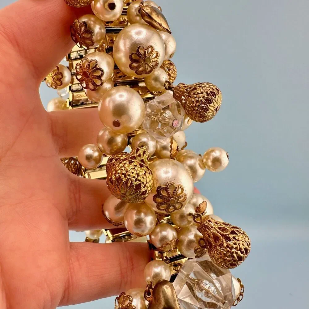 Vintage Cha Cha Bracelet Faux Pearl Filigree Ball Lucite Crystal Heart Expansion